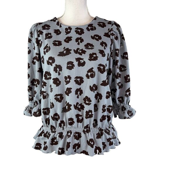 Melloday Blouse Top size Small Gray Brown Floral Ruffles Stretch Modest Peasant - Picture 1 of 8